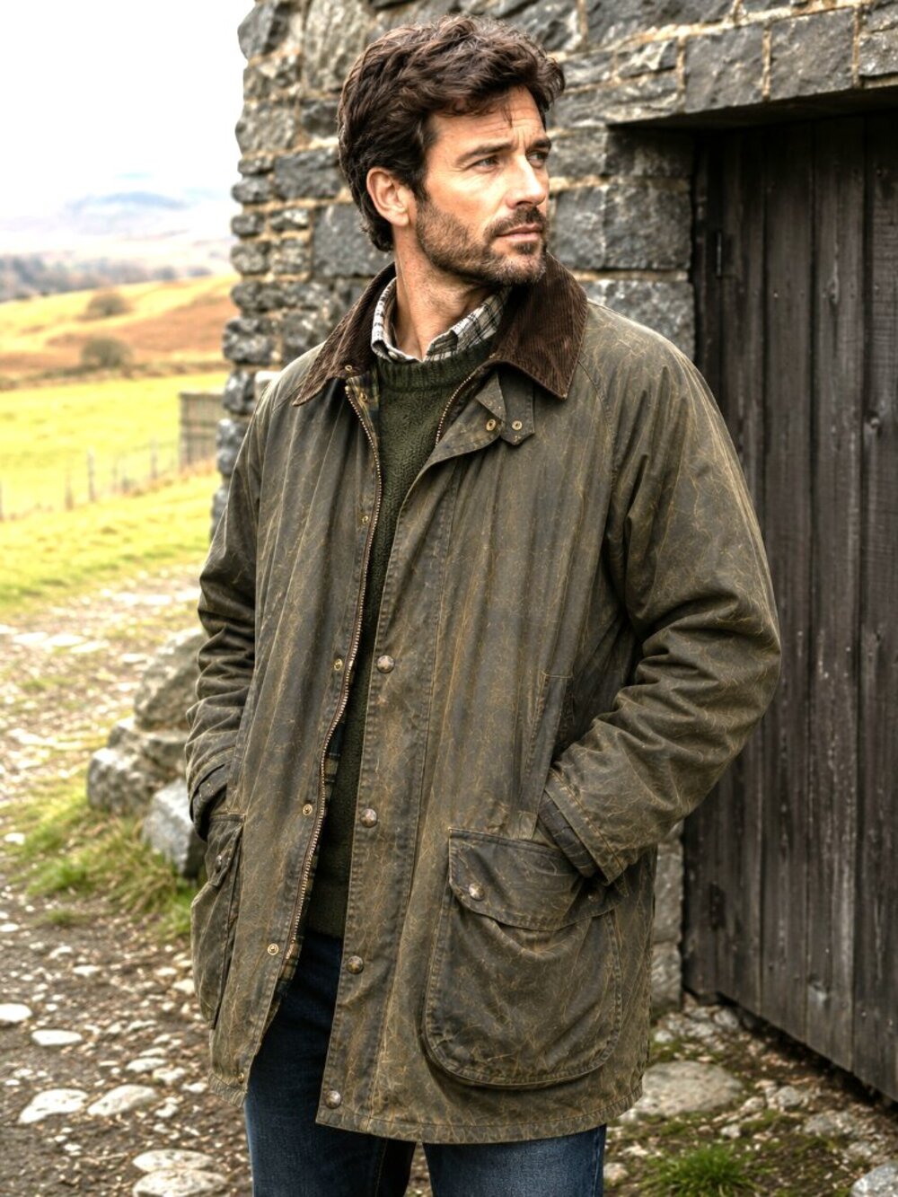 Barbour Border Waxed Jacket Made In England Distressed C44 XL